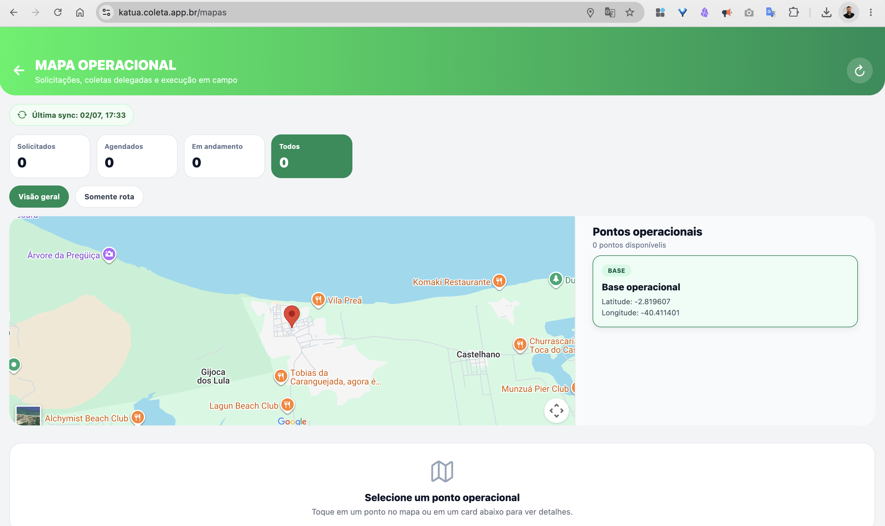Mapa operacional com pontos de coleta, filtros de status e painel de detalhes