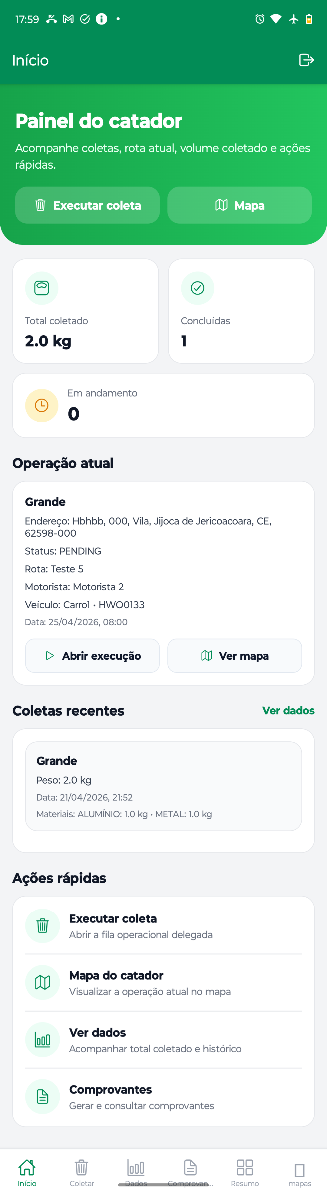 Tela mobile do painel do catador com operação atual, coletas recentes e ações rápidas