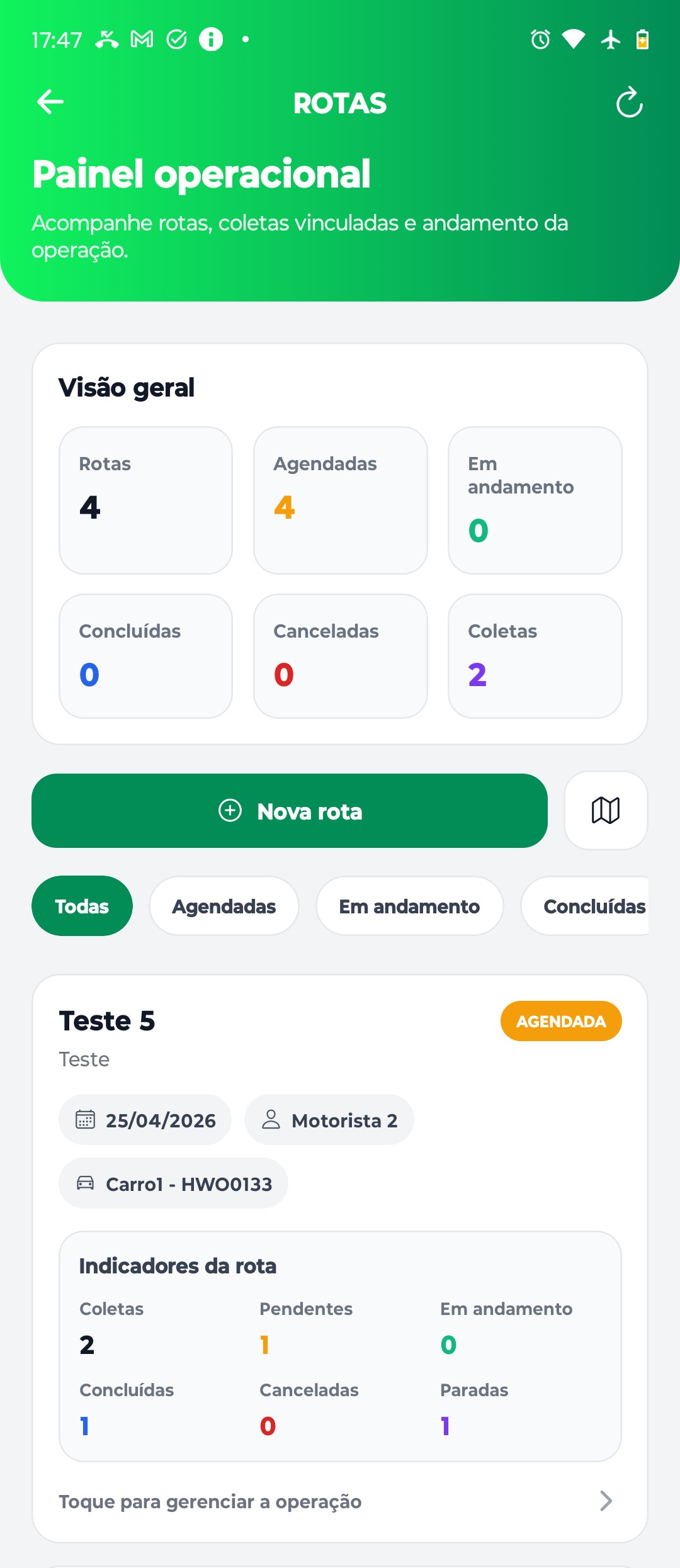 Tela mobile de rotas de coleta com mapa, motorista, veículo e pontos da rota